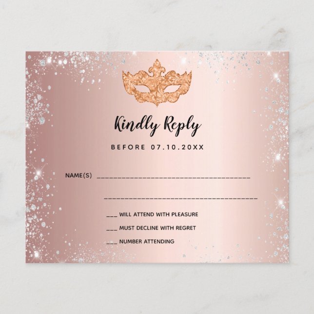Budget birthday rose gold silver masquerade RSVP (Front)