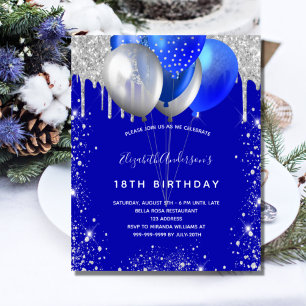 Budget birthday royal blue silver invitation