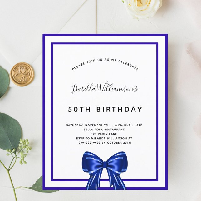 Budget birthday royal blue white bow invitation (Creator Uploaded)