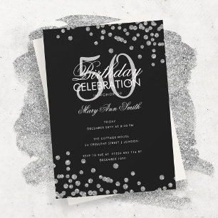 Budget Birthday Silver Glitter Confetti Black Invitation