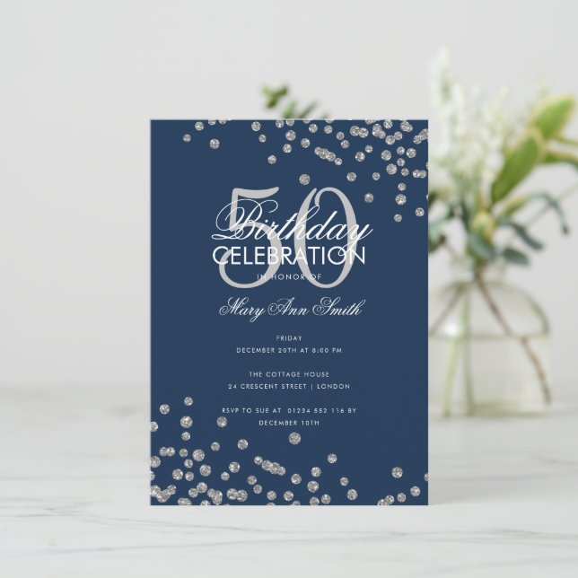 Budget Birthday Silver Glitter Confetti Navy  Invitation (Standing Front)