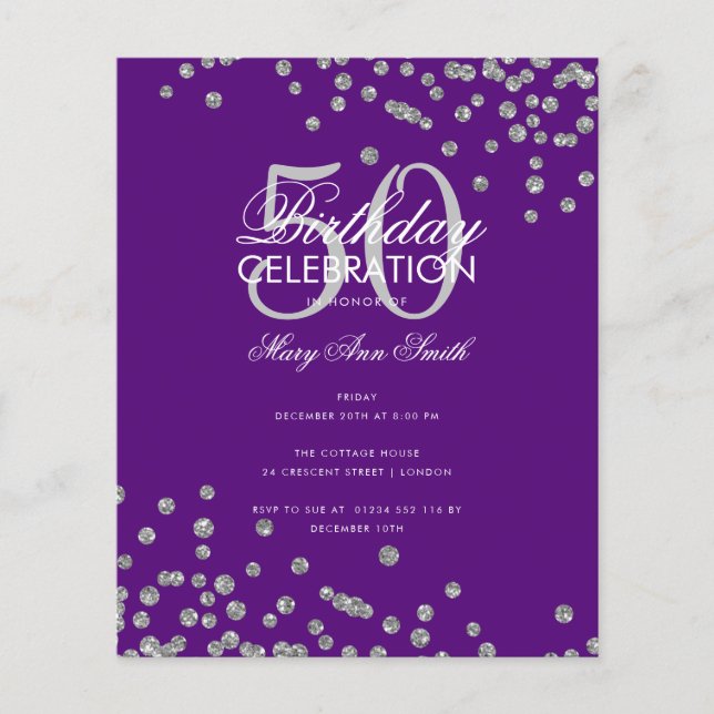 Budget Birthday Silver Glitter Confetti Purple  Flyer (Front)