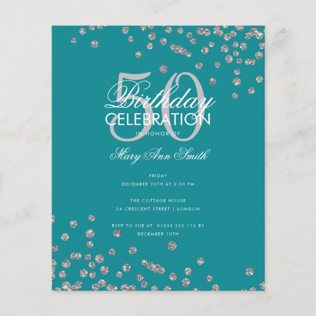 Budget Birthday Silver Glitter Confetti Teal  Flyer (Front)