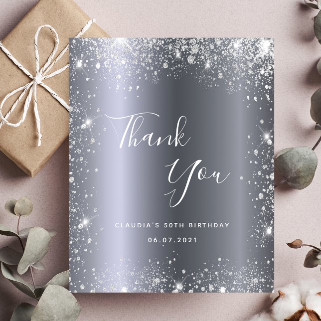 Budget birthday silver glitter dust thank you card (Creator Uploaded)
