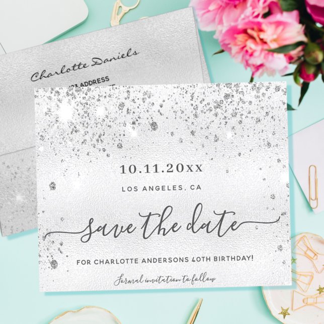 Budget birthday silver glitter metal save the date (Creator Uploaded)