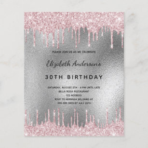 Budget birthday silver glitter pink invitation