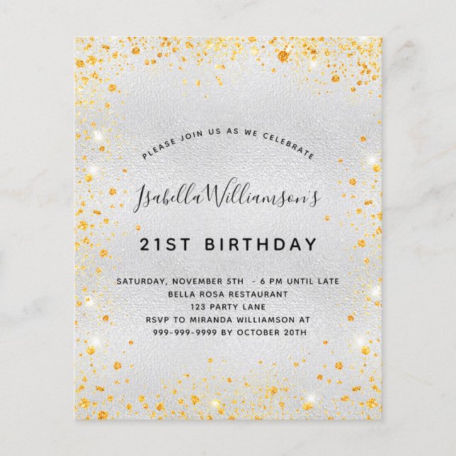 Budget birthday silver gold glitter invitation (Front)