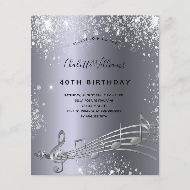 Budget birthday silver music notes metal glitter (Front)