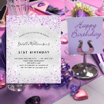Budget birthday silver purple glitter invitation<br><div class="desc">For an elegant 21st (or any age) birthday.  A faux silver metallic looking background.  Decorated with purple faux glitter dust. Personalise and add a name,  age and party details. The name is written with a hand lettered style script</div>