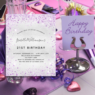 Budget birthday silver purple glitter invitation