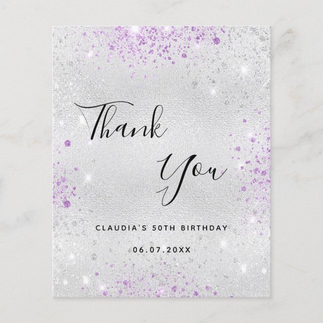 Budget birthday silver purple glitter thank you (Front)