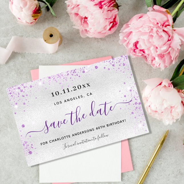 Budget birthday silver purple save the date  (Creator Uploaded)