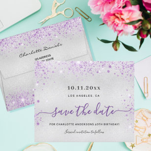 Budget birthday silver purple save the date