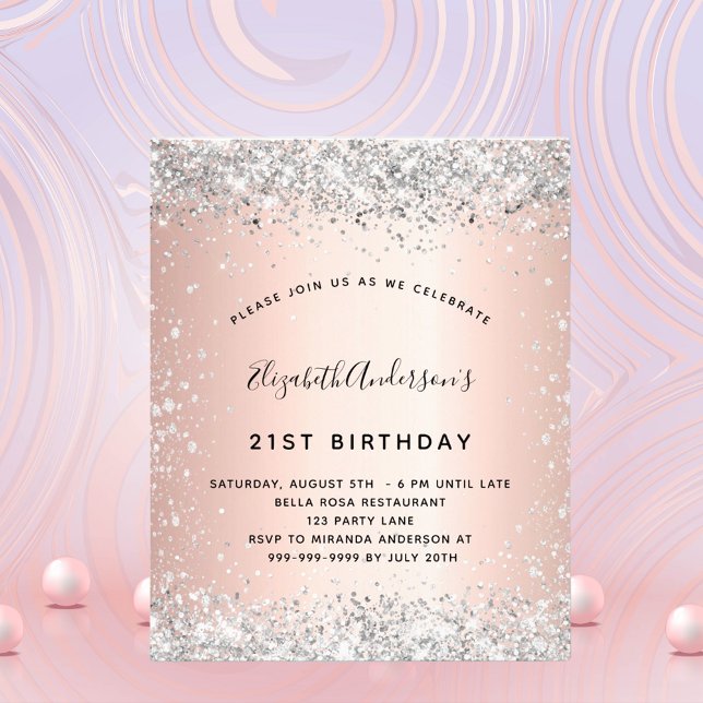 Budget birthday silver rose gold invitation (Creator Uploaded)