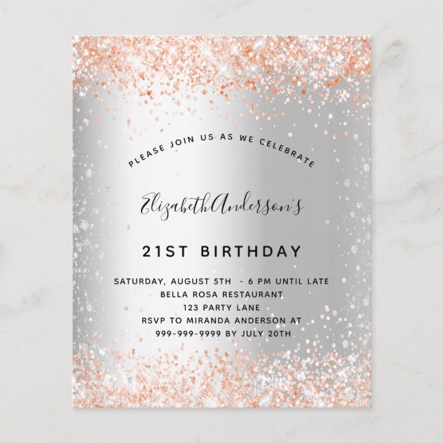 Budget birthday silver rose gold invitation (Front)