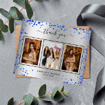 Budget birthday silver royal blue photo thank you<br><div class="desc">Add 3 of Your birthday photos, vertical size, a date, name, and the thank you note. A faux silver metallic looking background with black text and frame, royal blue faux glitter sparkles. The text: Thank you on the front and your name on the back are written with a stylish hand...</div>