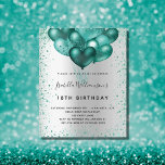 Budget birthday silver teal glitter invitation<br><div class="desc">For an elegant 18th (or any age) birthday.  A faux silver metallic looking background.  Decorated with teal faux glitter dust and balloons. Personalise and add a name,  age and party details. The name is written with a hand lettered style script</div>