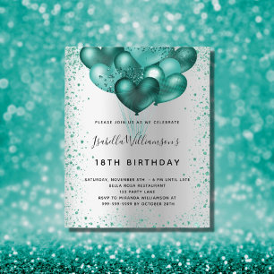 Budget birthday silver teal glitter invitation