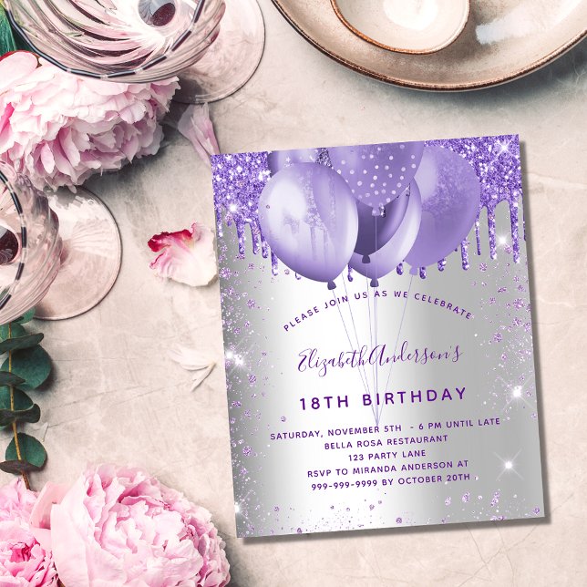 Budget birthday silver violet glitter invitation (Creator Uploaded)