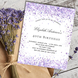 Budget birthday violet glitter script invitation