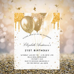 Budget birthday white gold balloons invitation<br><div class="desc">For an elegant 21st (or any age) birthday.  A chic white background. Decorated with faux gold glitter drips,  paint dripping look and balloons.  Personalise and add a name,  age 21 and party details. The name is written with a hand lettered style script</div>