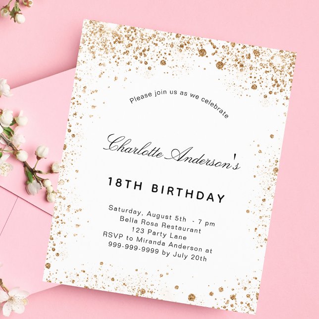Budget birthday white gold glitter invitation (Creator Uploaded)