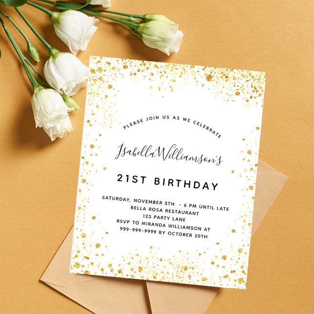 Budget birthday white gold glitter invitation (Creator Uploaded)