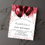 Budget birthday white red glitter invitation<br><div class="desc">For an elegant 21st (or any age) birthday.  A stylish white background. Decorated with red faux glitter and balloons.  Personalise and add a name,  age and party details. The name is written with a hand lettered style script</div>