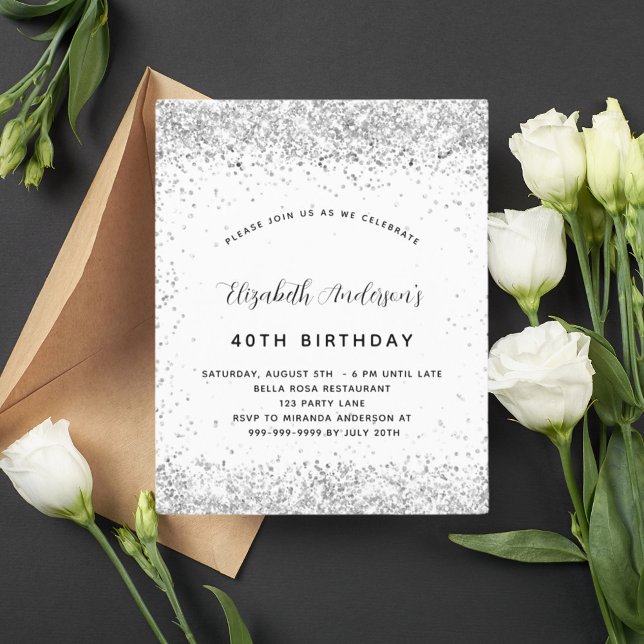 Budget birthday white silver glitter invitation (Creator Uploaded)