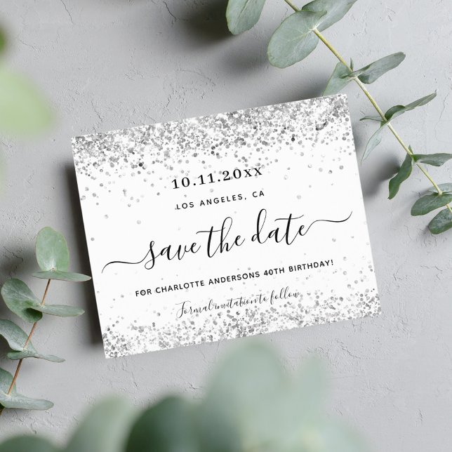 Budget birthday white silver glitter save the date (Creator Uploaded)