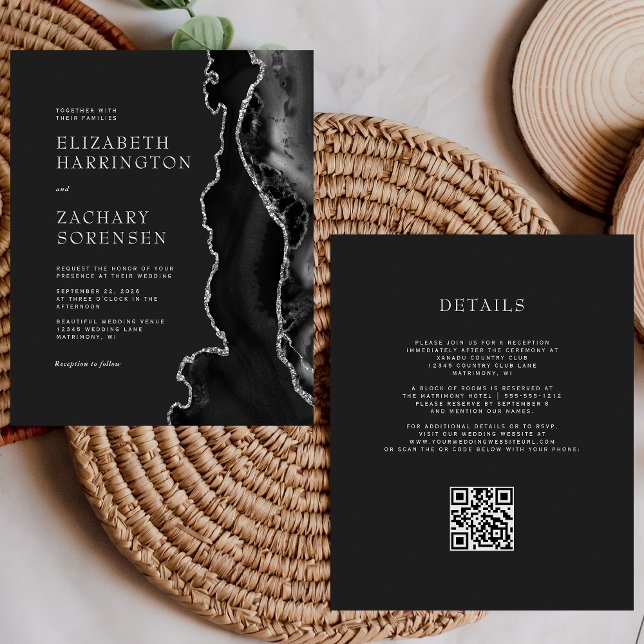 Budget Black Agate Silver QR Code Wedding Invite (Creator Uploaded)