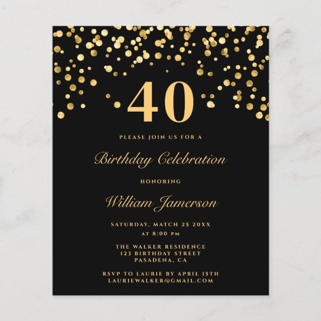Budget Black And Gold 40th Birthday Party Flyer (Front)