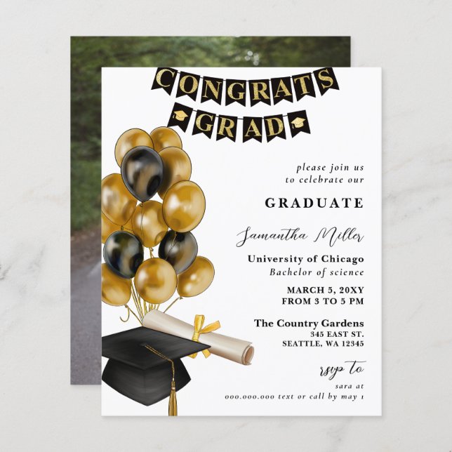 Budget Black and Gold Balloons Photo Graduation (Front/Back)