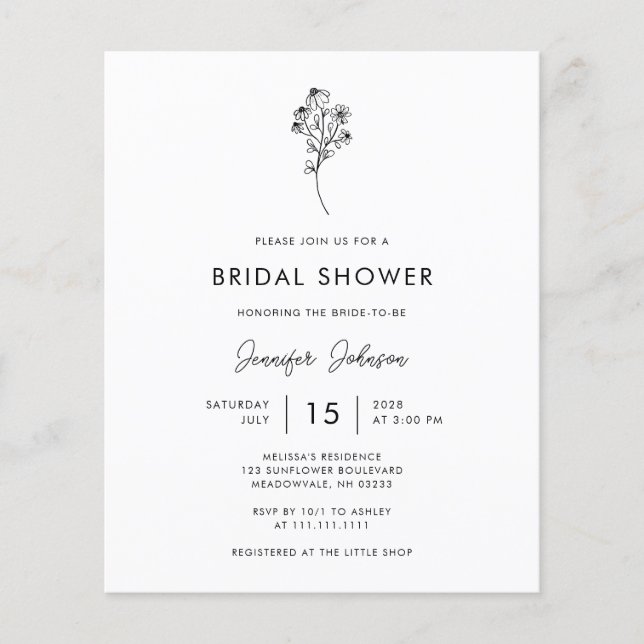 BUDGET Black And White Floral Bridal Shower Invite Flyer (Front)