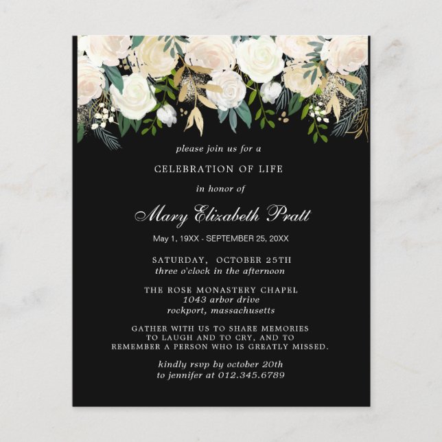Budget Black and White Floral Funeral Invitation (Front)