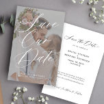 Budget black and white photo wedding save the date<br><div class="desc">Modern romantic chic BUDGET affordable wedding save the date template with your custom photo in trendy transparent overlay with white classy hand lettered calligraphy script. Easy to personalise with your details and engagement picture on both sides! Suitable for any season elegant wedding theme. Double-check all the information and spelling of...</div>