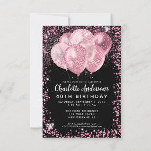 Budget Black Blush Pink Glitter Balloon Birthday Card