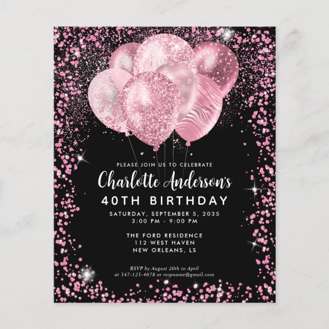 Budget Black Blush Pink Glitter Balloon Birthday Flyer (Front)