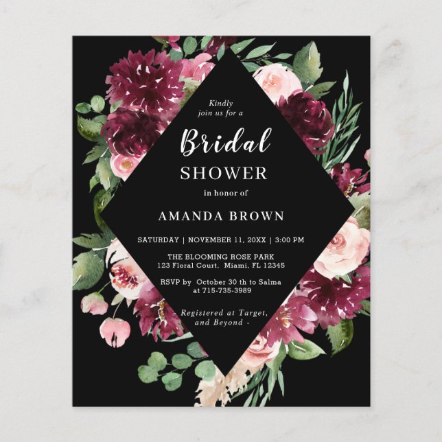Budget Black Boho Floral Bridal Shower Invitation (Front)
