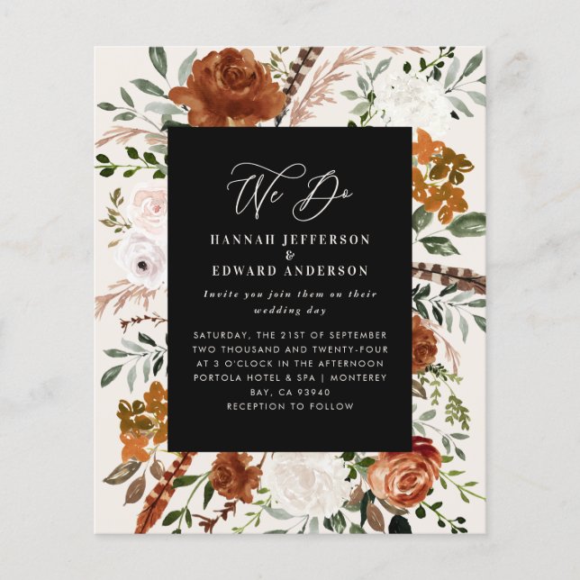 Budget black botanical wedding details invite flyer (Front)