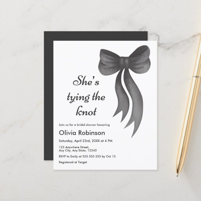 Budget Black Bow Bridal Shower Invitation  (Front/Back In Situ)