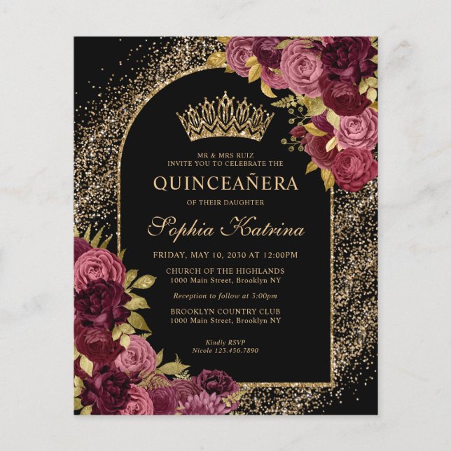 Budget Black Burgundy Glam Gold Floral Quinceanera (Front)