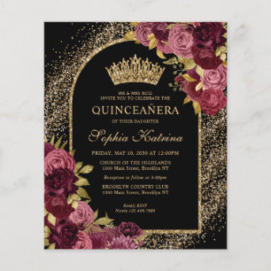 Budget Black Burgundy Glam Gold Floral Quinceanera