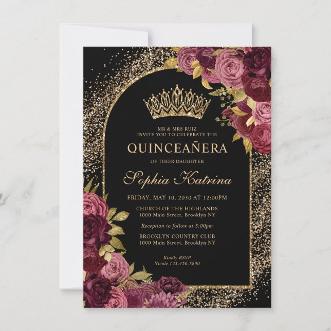 Budget Black Burgundy Glam Gold Floral Quinceanera Card (Front)