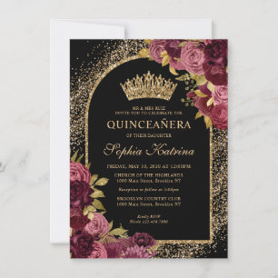 Budget Black Burgundy Glam Gold Floral Quinceanera Card