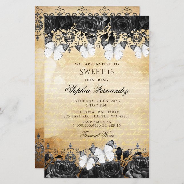 Budget Black Butterfly Sweet 16 Invitation (Front/Back)
