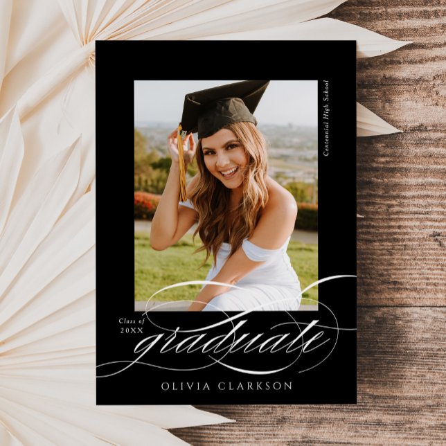 Budget Black Elegant Script Photo Graduation Announcement (Creator Uploaded)