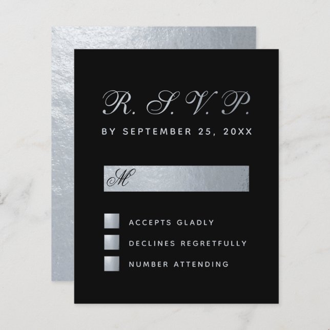 Budget Black Faux Silver Calligraphy Wedding RSVP (Front/Back)