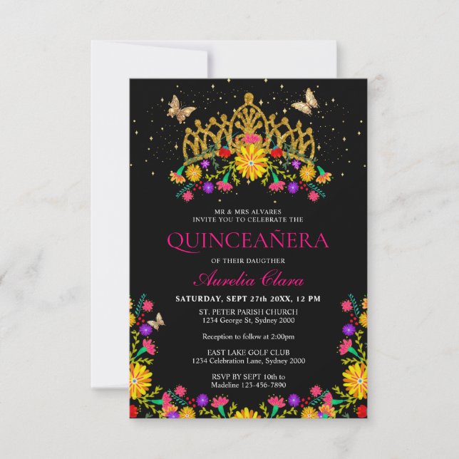 Budget Black Fiesta Floral Gold Tiara Quinceanera Card (Front)