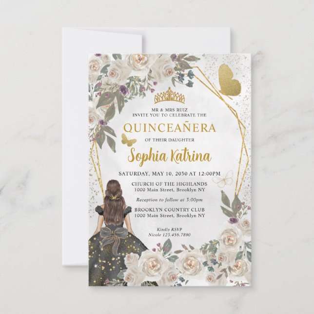 Budget Black Glam Gold Floral Princess Quinceañera Card (Front)